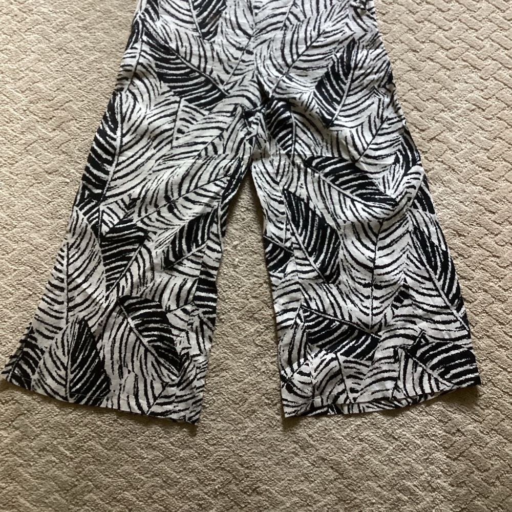 100% LINEN WIDE LEG PETITE PALAZZO PANTS BONE/BLACK TROPICAL LEAF PRINT SIZE S/P